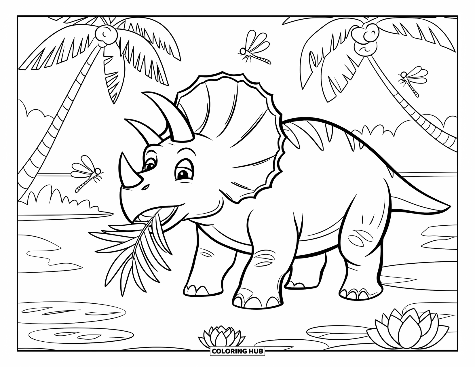 Triceratops Coloring Page for Kids: A relaxed triceratops enjoys palm leaves and buzzing dragonflies by a lake