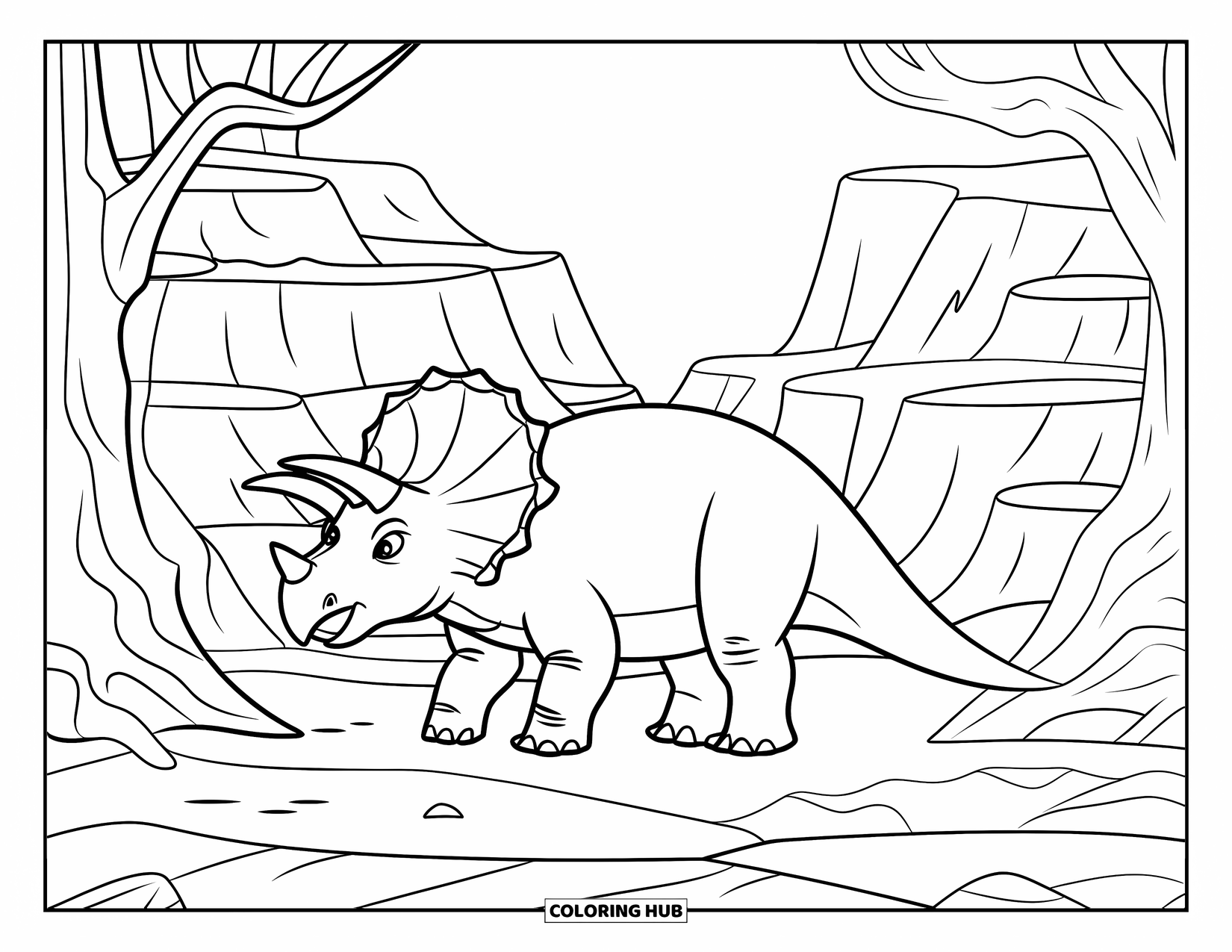 Triceratops Coloring Page for Kids: A relaxed triceratops stands by cracked cliffs and tall ancient trees