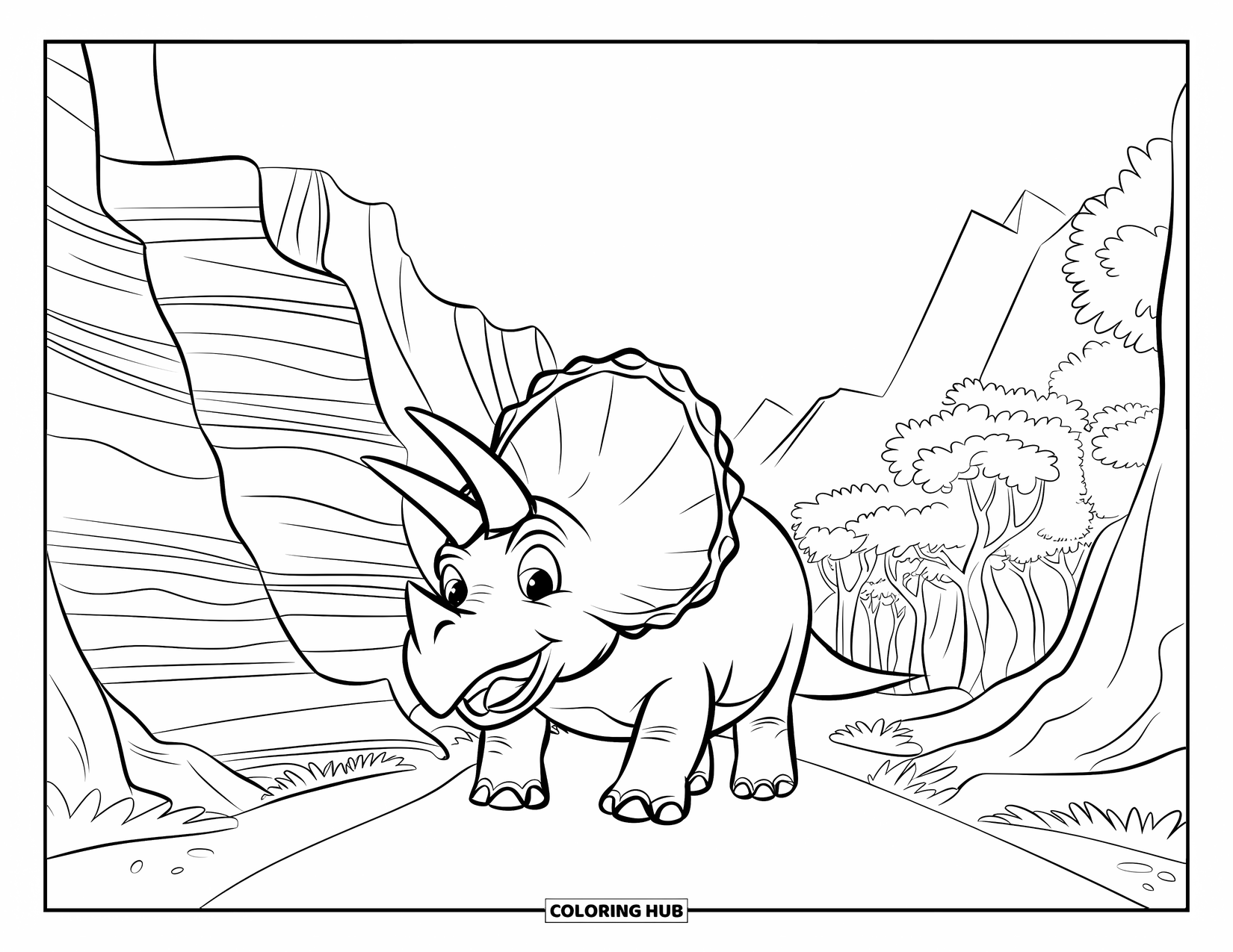 Triceratops Coloring Page for Kids: A smiling triceratops walks along a mountain path beneath open skies