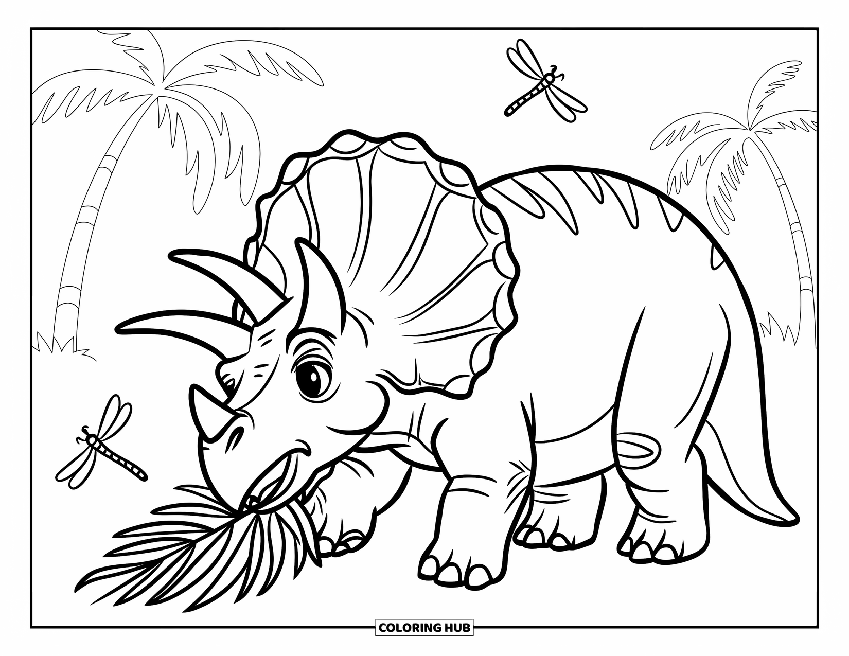 Triceratops Coloring Page for Kids: A triceratops munches palm leaves while watching dragonflies zip around