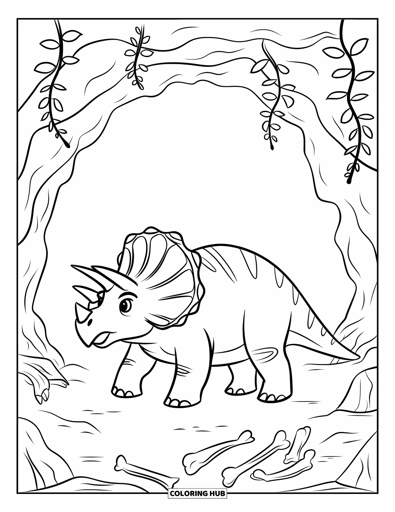 Triceratops Coloring Page for Kids: A triceratops relaxes in a cave surrounded by old fossils and bones