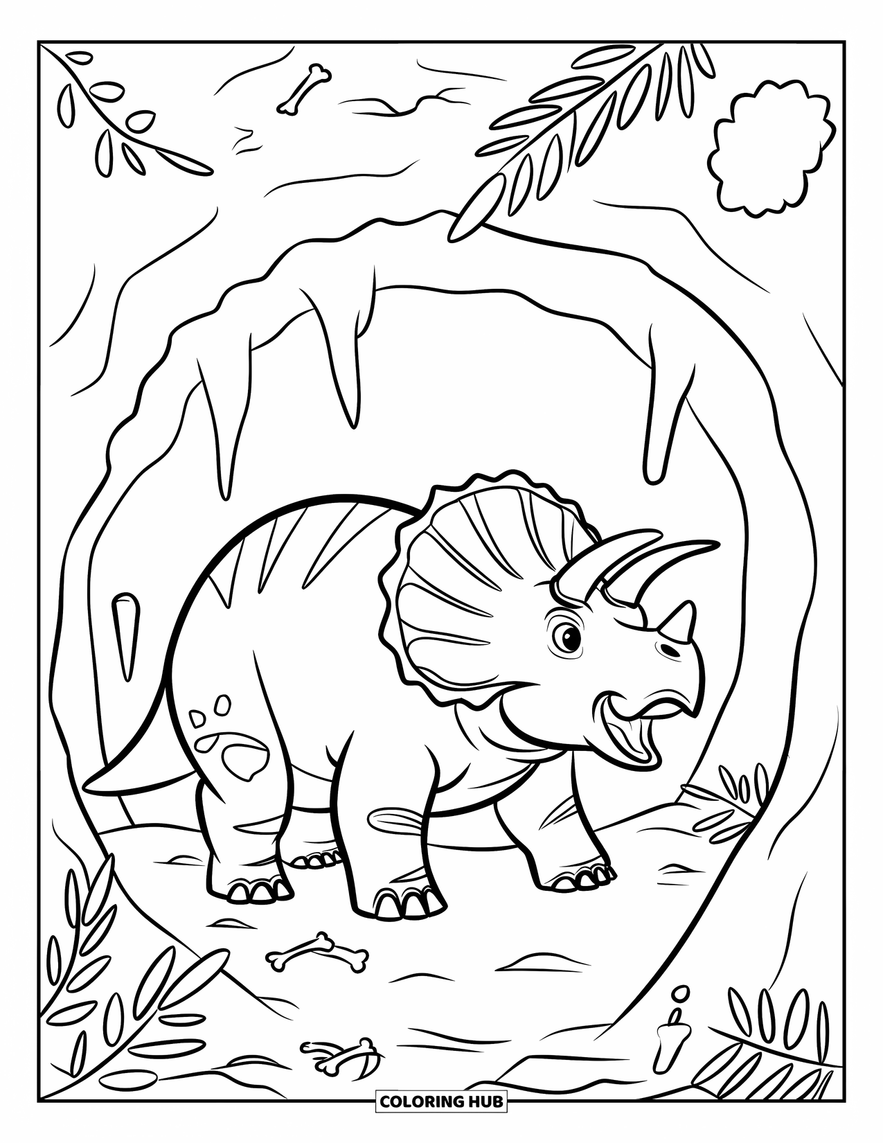 Triceratops Coloring Page for Kids: A triceratops stands in a cozy cave surrounded by bones and fossil shapes