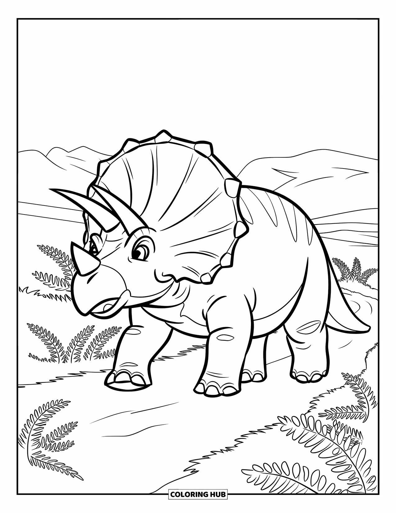 Triceratops Coloring Page for Kids: A triceratops with bold horns walks proudly through a ferny mountain path