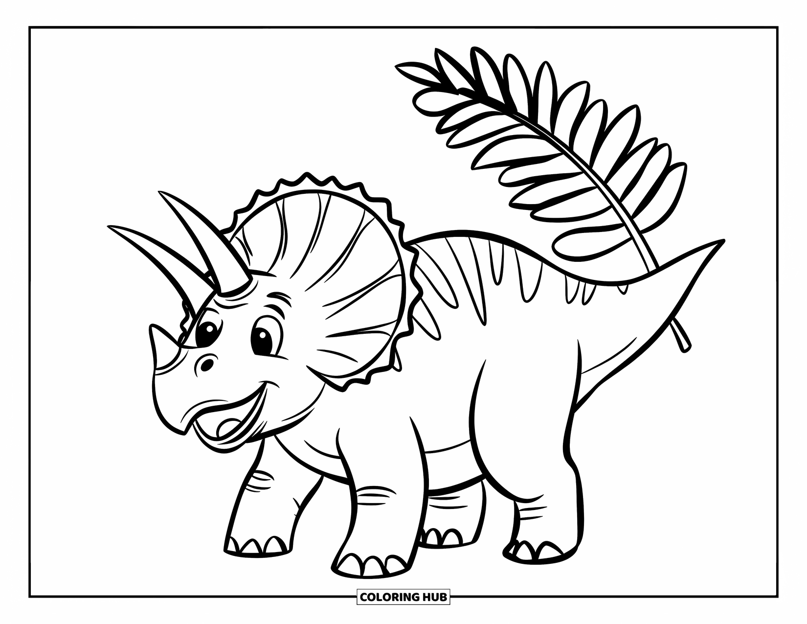 Triceratops Coloring Page for Kids: A wide-smiling triceratops plays near a big, simple fern leaf