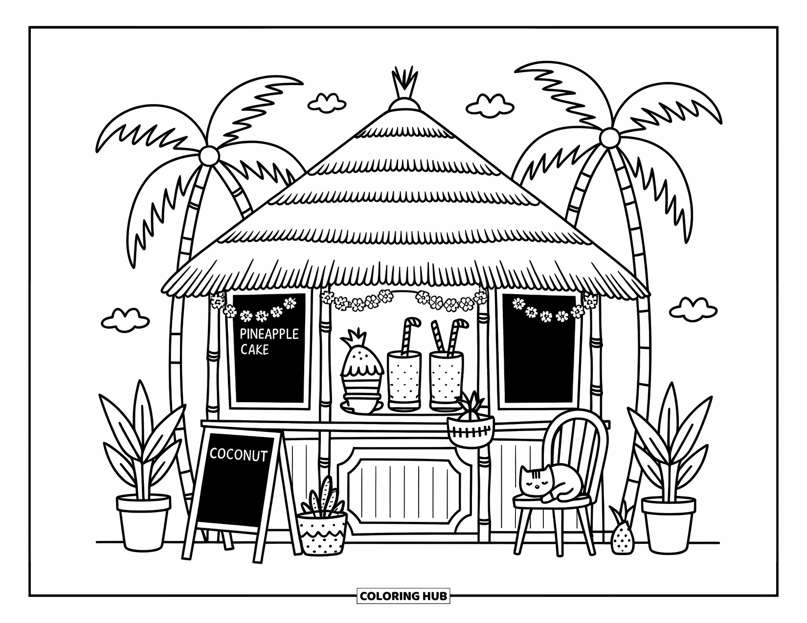 Tropical Coloring Page for Adults: Bamboo café serving tropical treats with a sleepy cat and banana plants