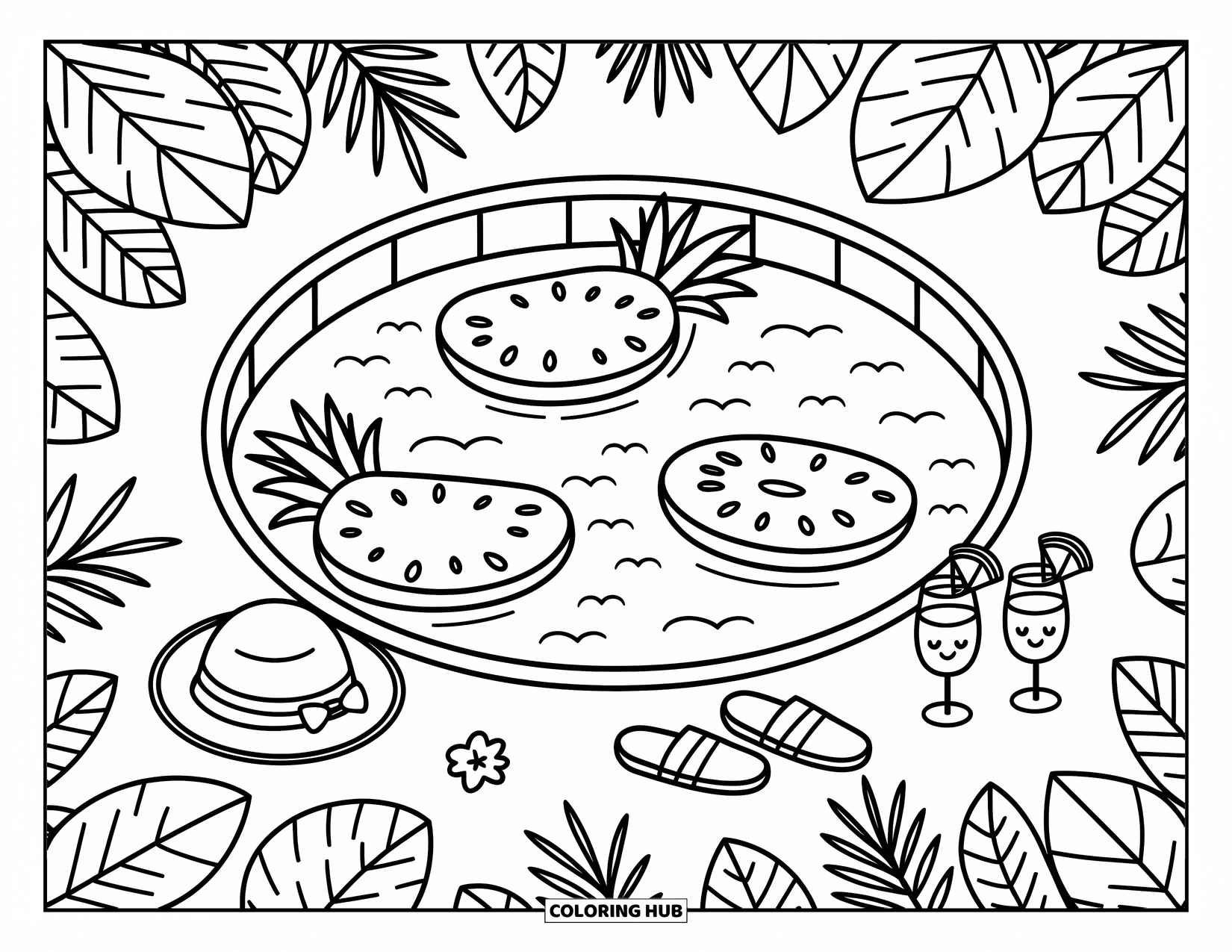 Tropical Coloring Page for Adults: Circular tropical pool with fruit floaties, punch, and leafy plants