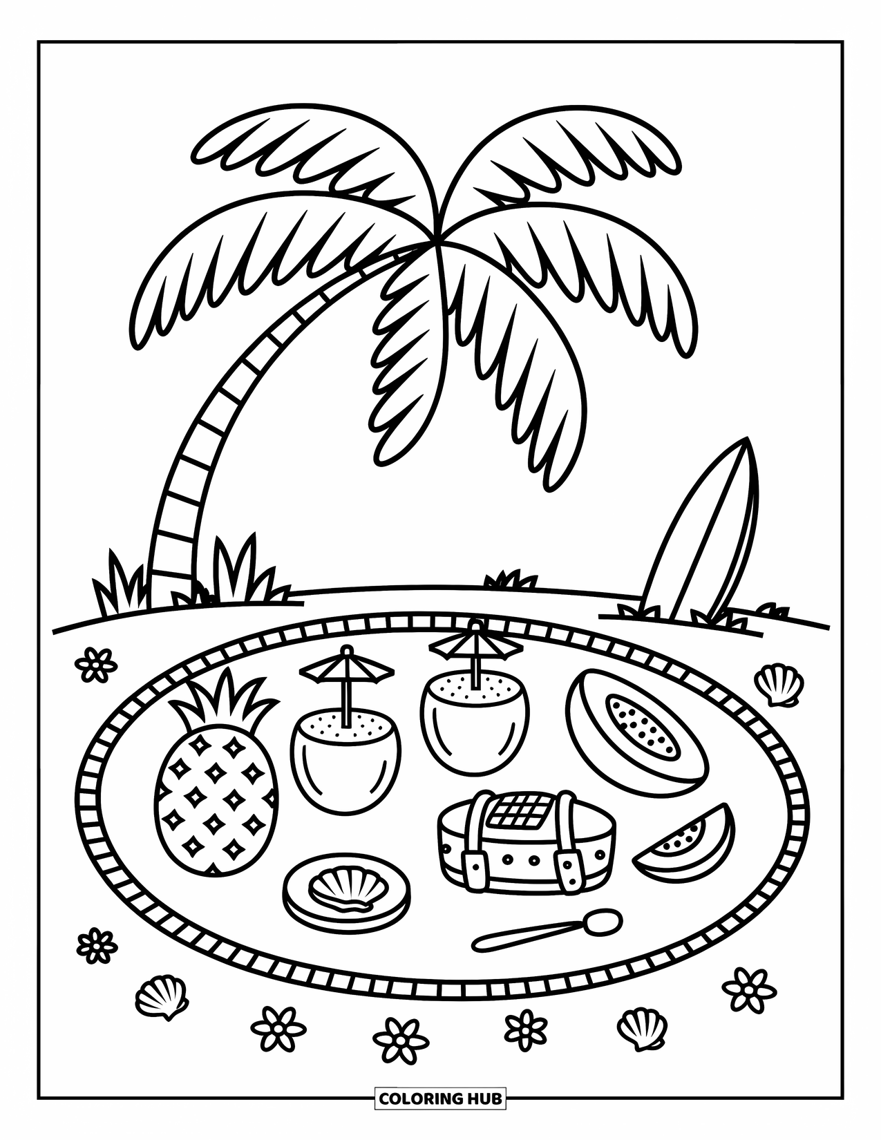 Tropical Coloring Page for Adults: Cozy tropical picnic with cute snacks and a leaning surfboard