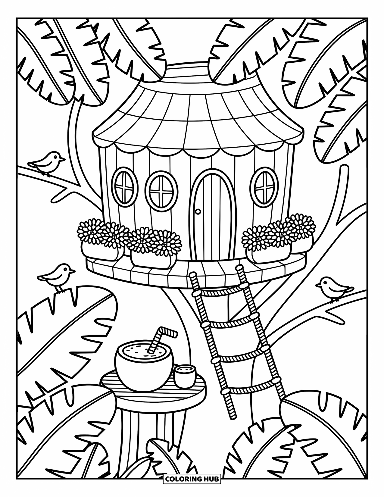 Tropical Coloring Page for Adults: Cozy tropical treehouse with balcony flowers and birds nearby