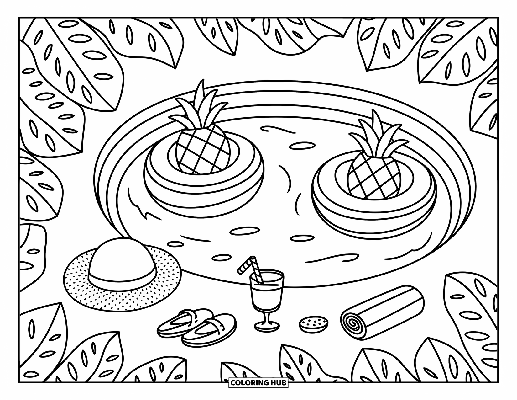 Tropical Coloring Page for Adults: Cute floaties and tropical punch by a leafy circular pool