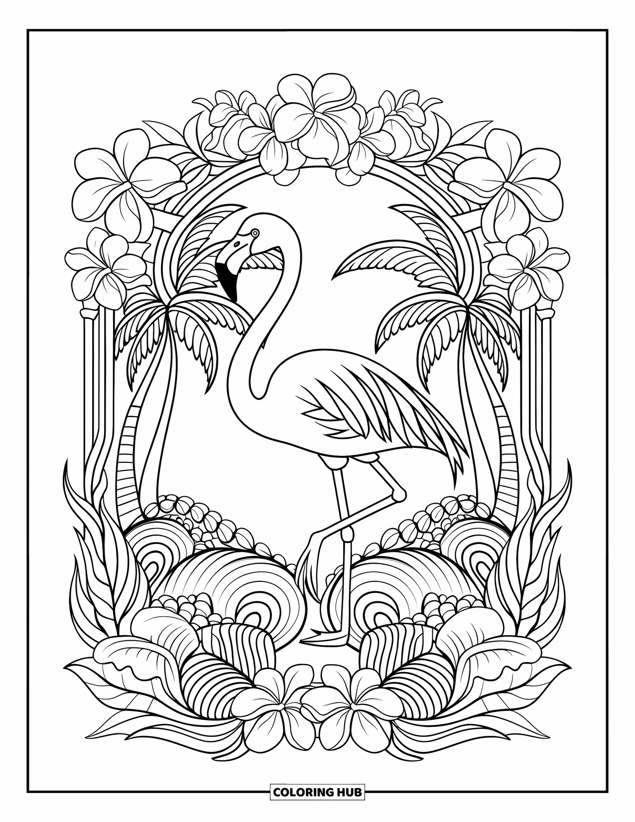Tropical Coloring Page for Adults: Flamingo standing under a floral arch of orchids and plumeria