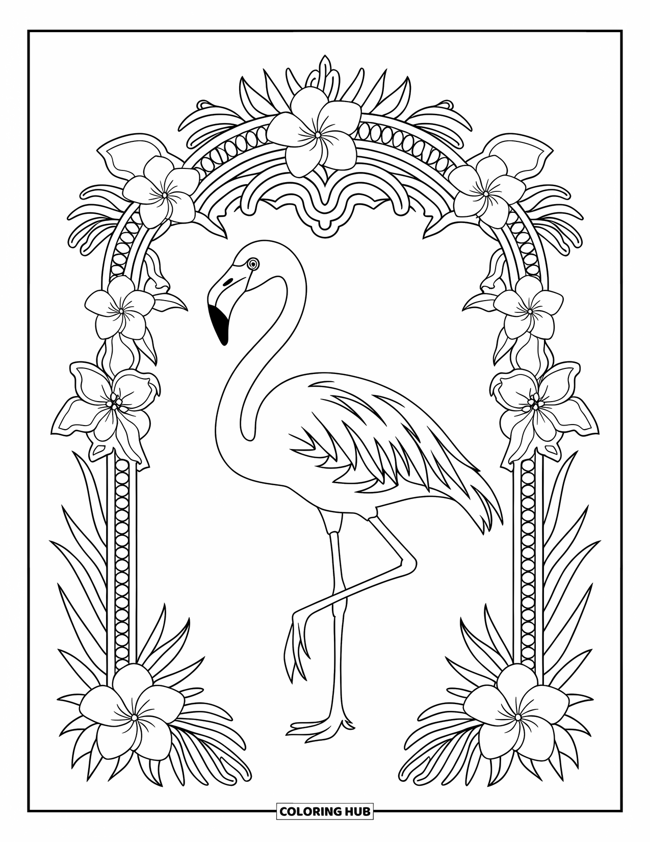 Tropical Coloring Page for Adults: Graceful flamingo framed by detailed orchid and plumeria arch