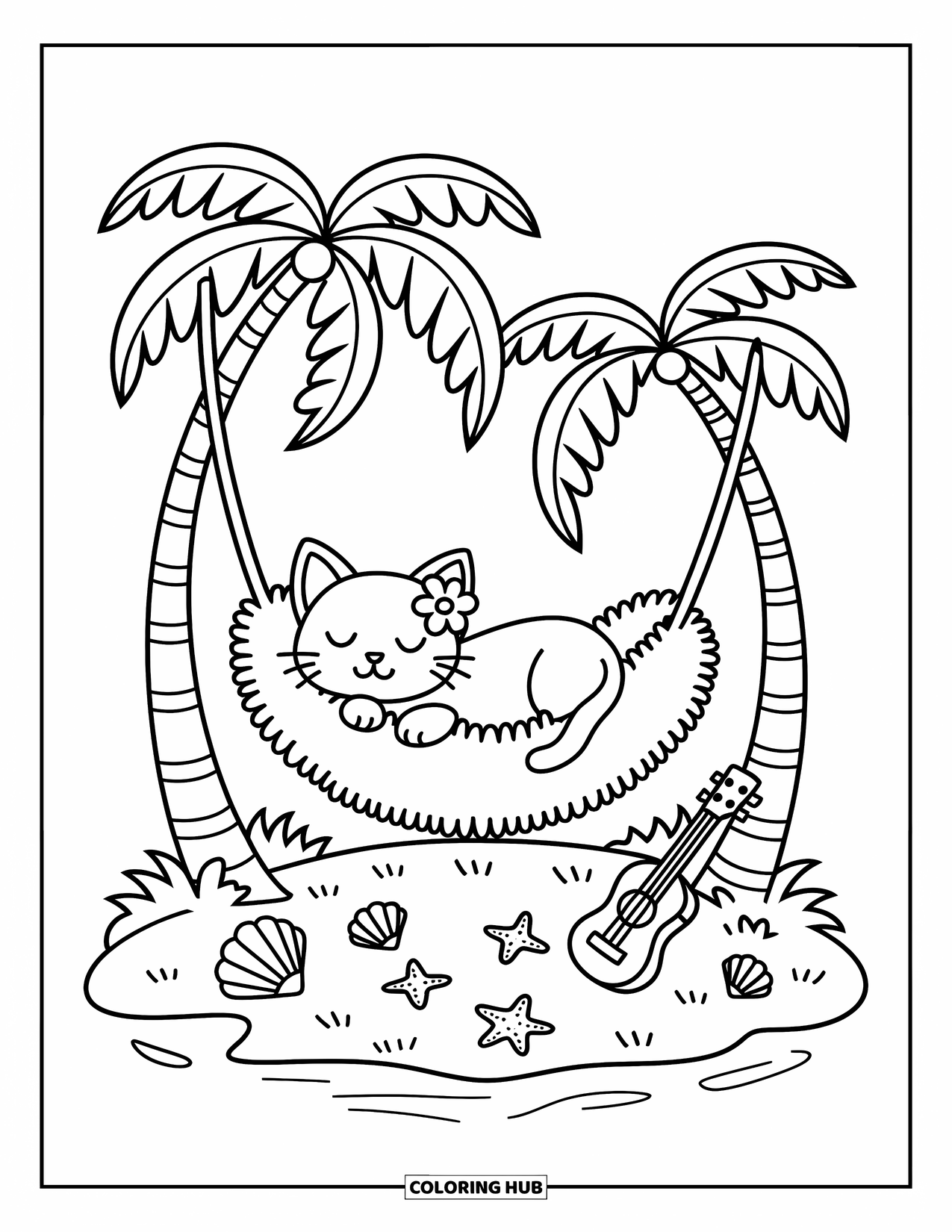 Tropical Coloring Page for Adults: Hammock island with a sleepy kitten, seashells, and a tiny ukulele