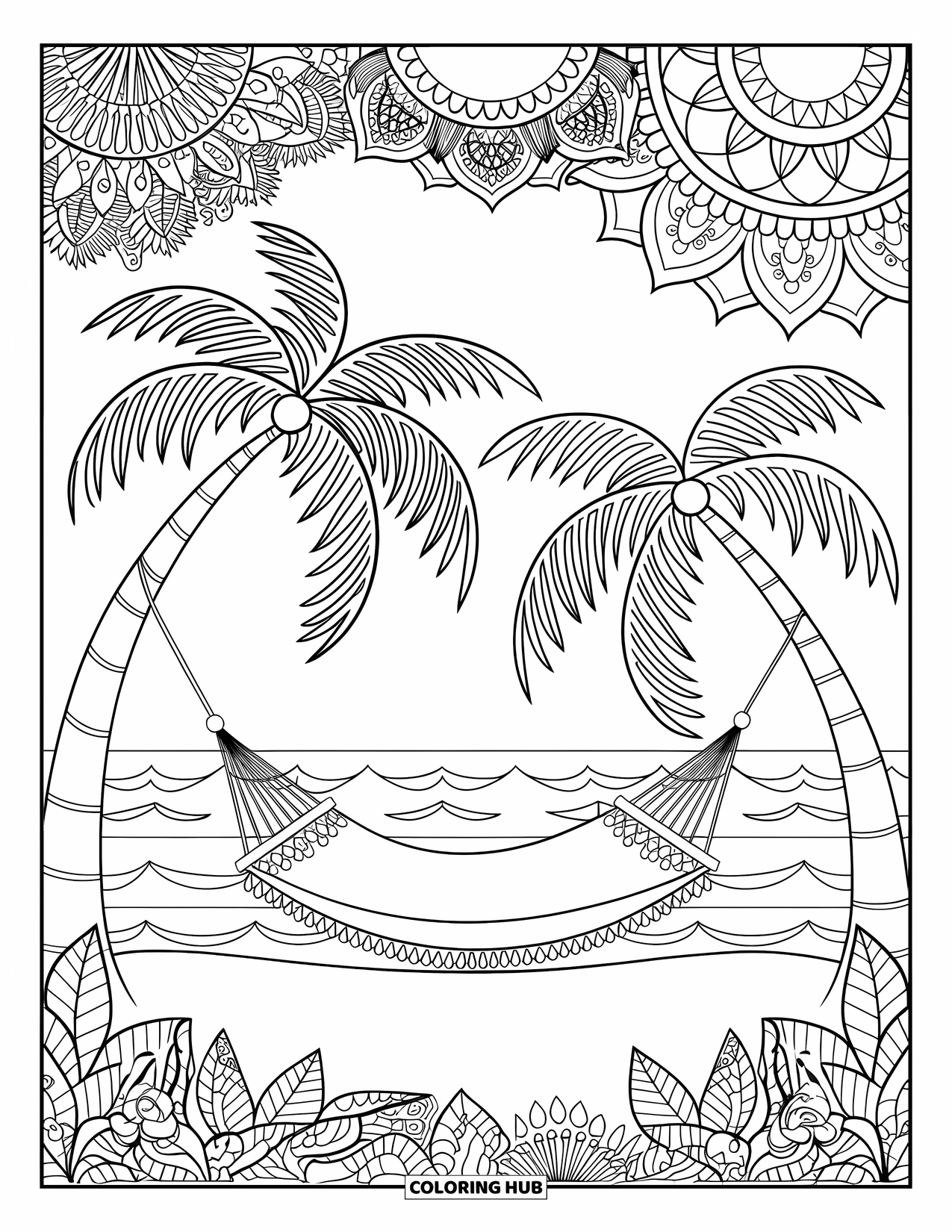Tropical Coloring Page for Adults: Hammock scene with waves, palm trees, and patterned mandala sky