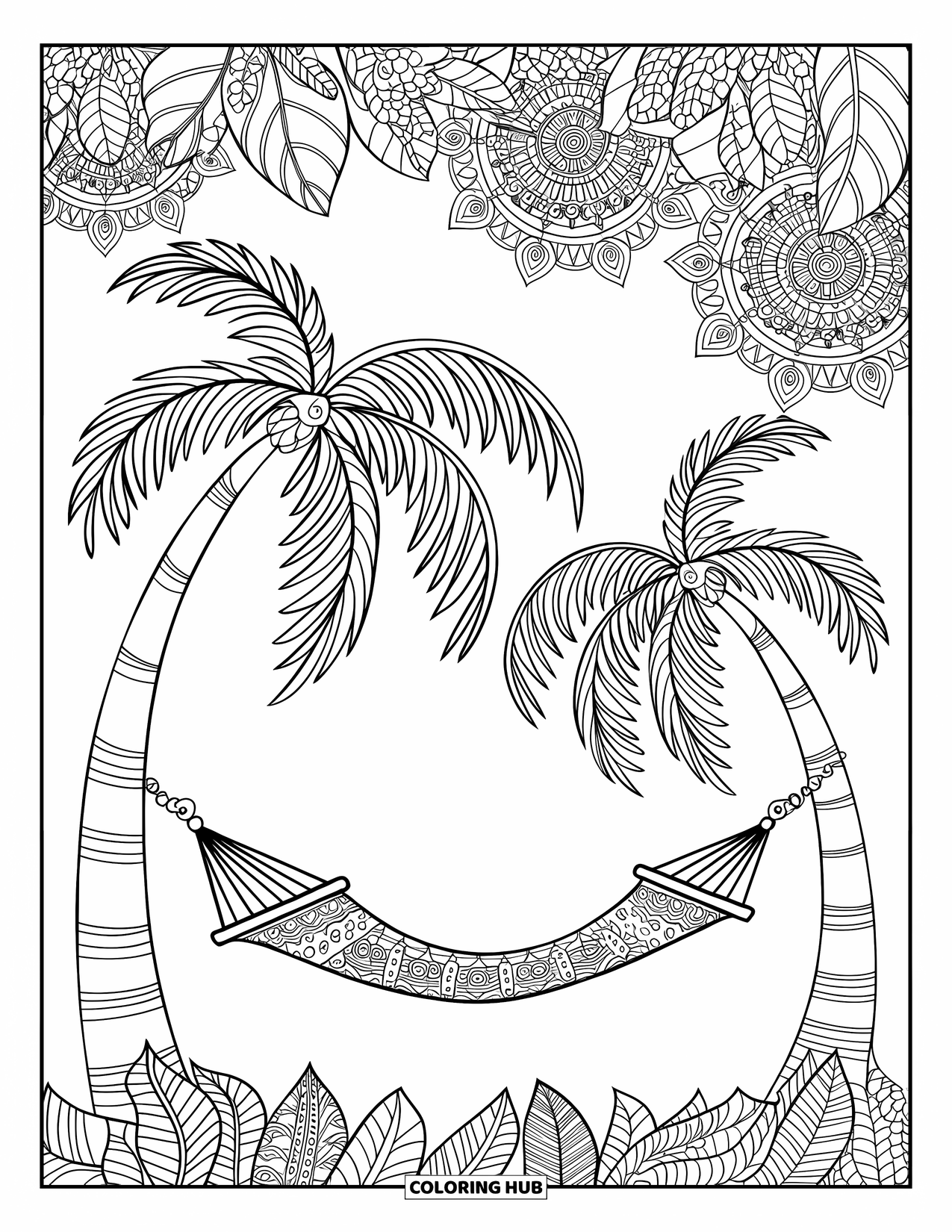 Tropical Coloring Page for Adults: Mandala-filled sky above hammock and palm trees