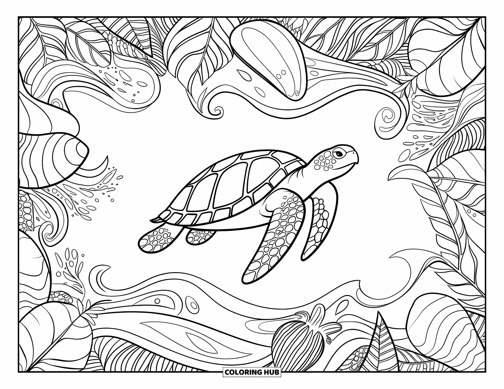 Tropical Coloring Page for Adults: Mosaic-style sea turtle surrounded by shells, waves, and leafy patterns