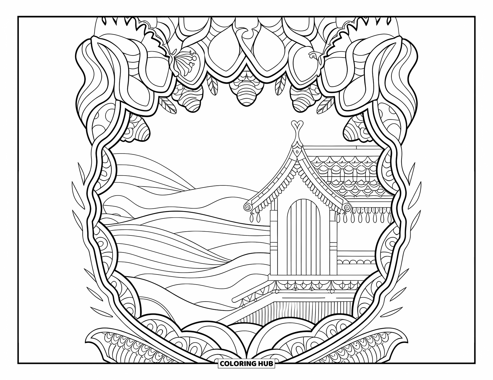 Tropical Coloring Page for Adults: Ornate beach hut framed by vines, shells, and a peaceful ocean view