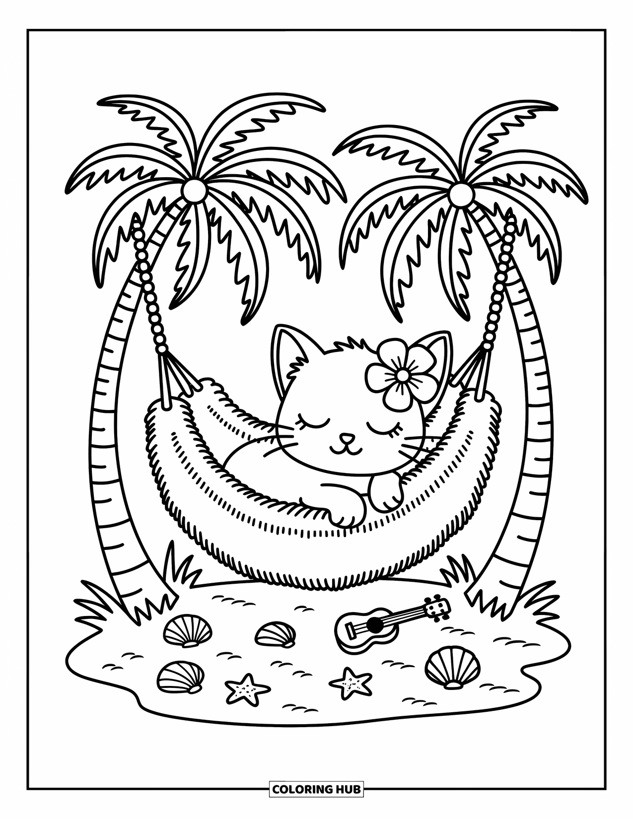 Tropical Coloring Page for Adults: Palm tree hammock with a kitten and cozy beach details