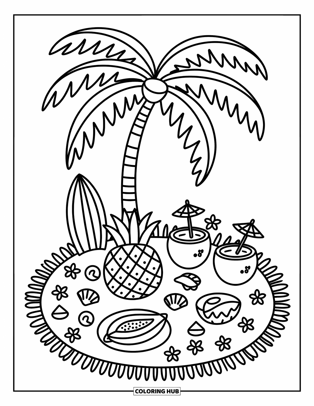 Tropical Coloring Page for Adults: Palm tree picnic with bento box, papaya slice, and coconut drinks