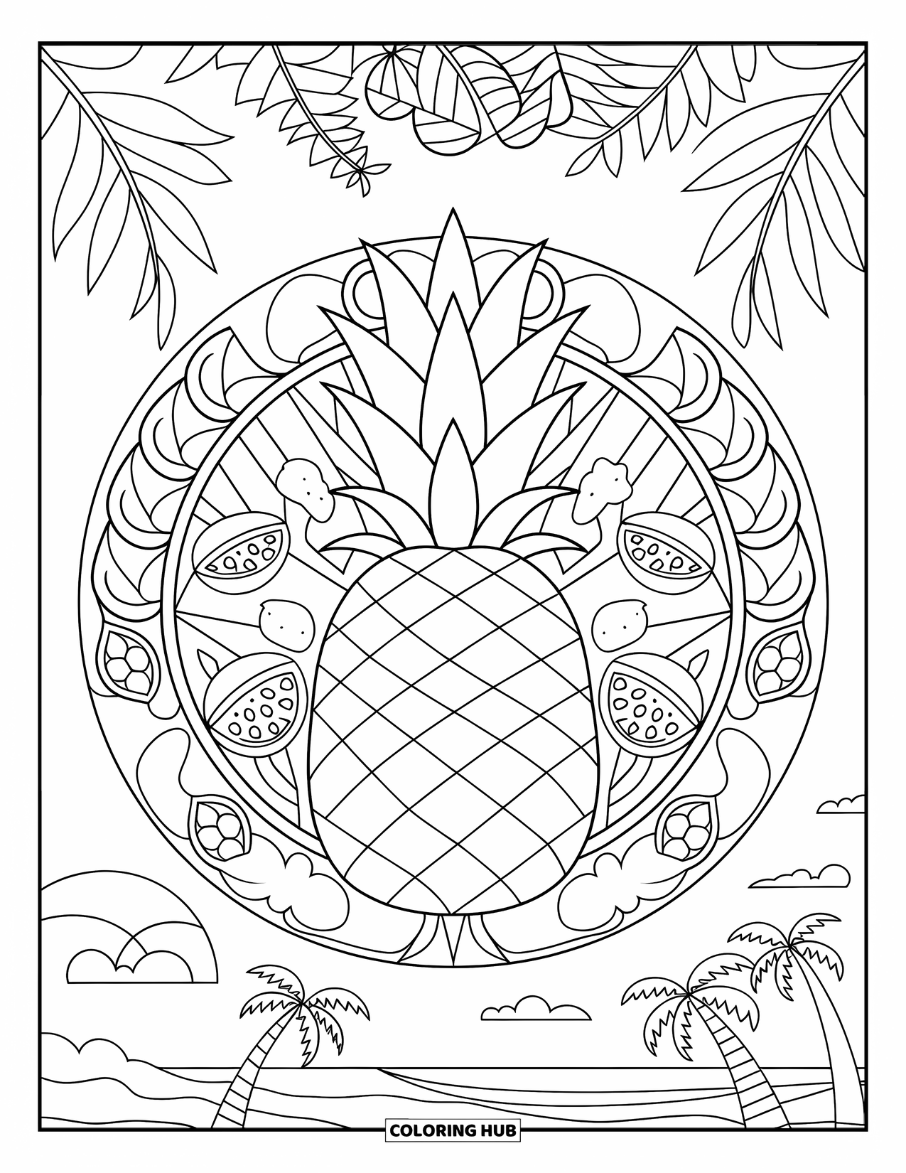 Tropical Coloring Page for Adults: Pineapple centerpiece surrounded by tropical fruit and stained-glass designs