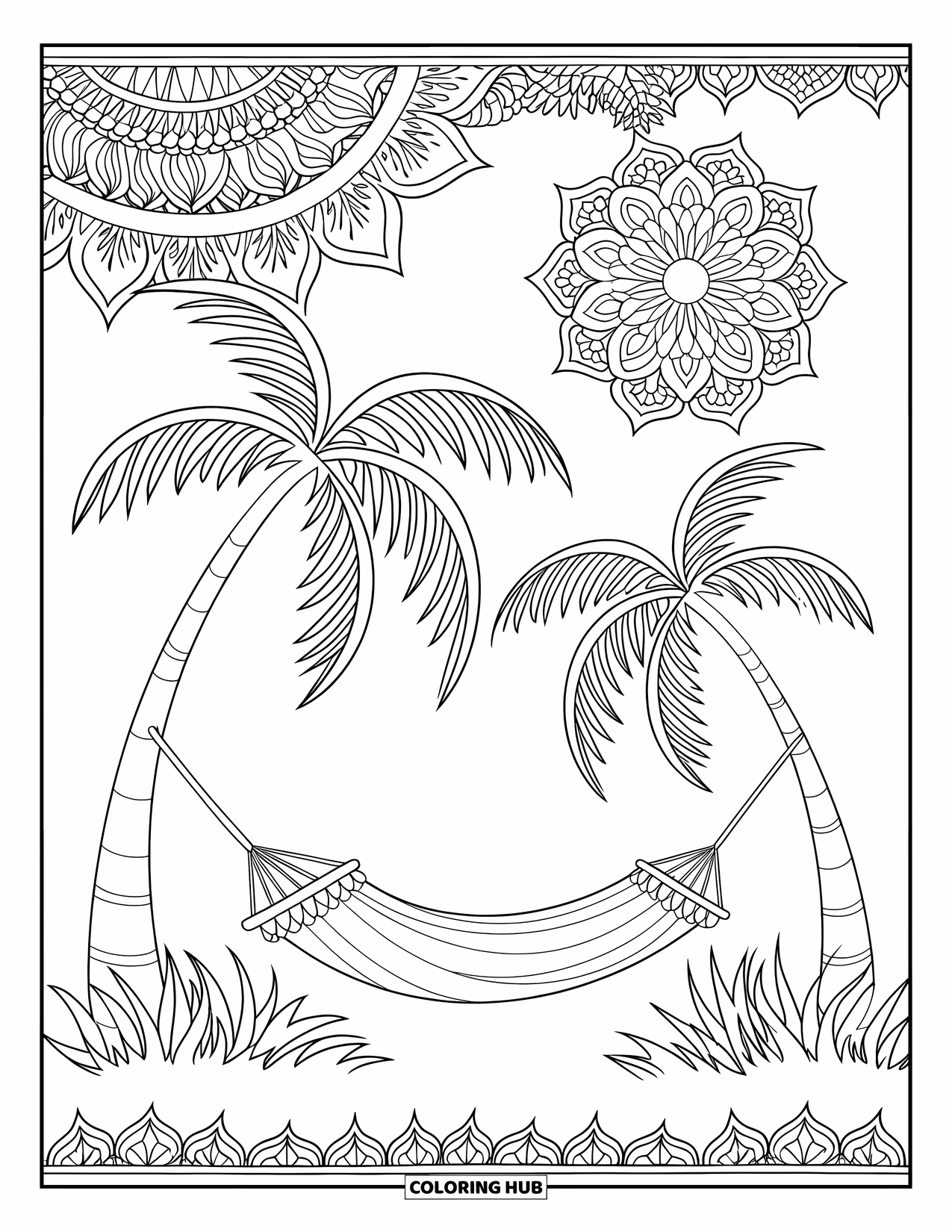 Tropical Coloring Page for Adults: Relaxing hammock scene with palm trees and patterned sky