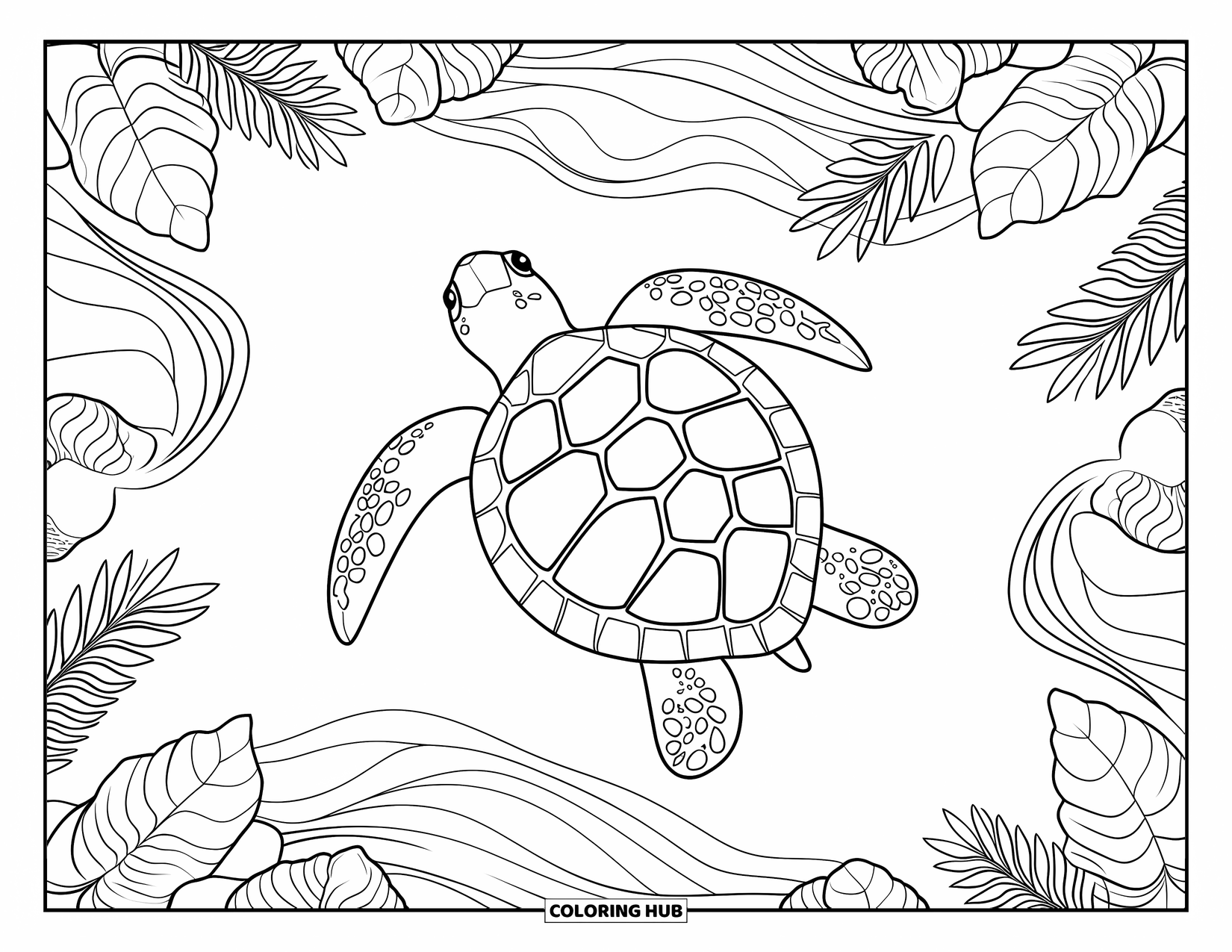 Tropical Coloring Page for Adults: Sea turtle framed by swirling waves, shells, and jungle leaves