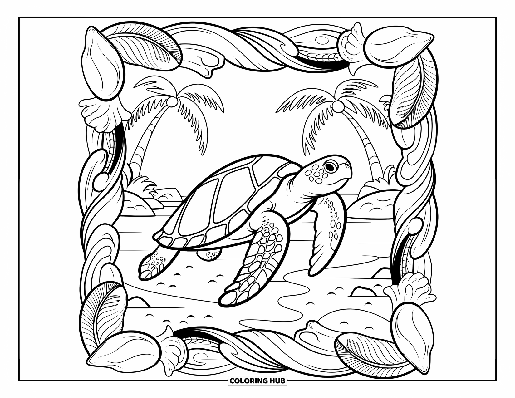 Tropical Coloring Page for Adults: Sea turtle in a decorative frame of shells, waves, and tropical plants