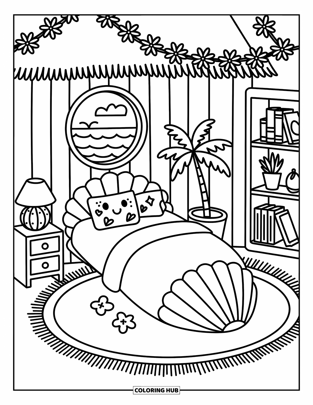 Tropical Coloring Page for Adults: Seashell-shaped bed in a tiki hut with flower garlands and an ocean view