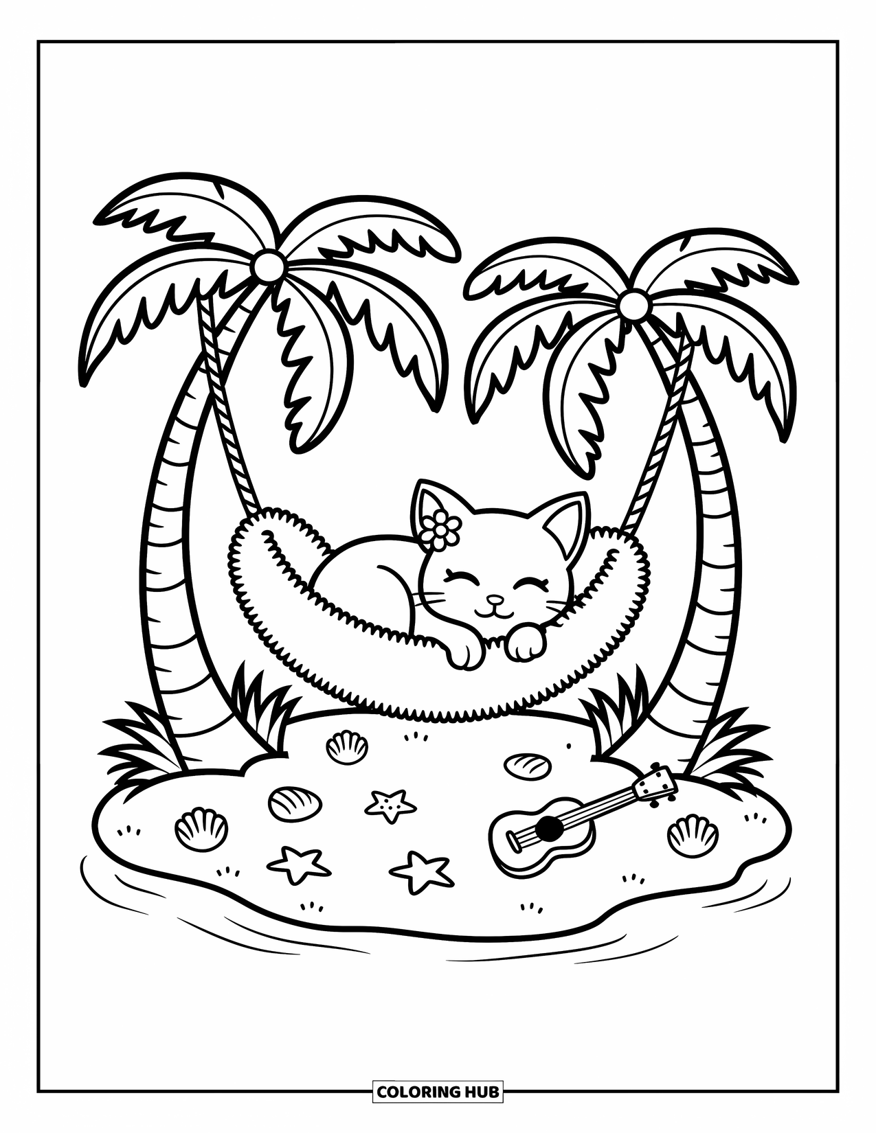 Tropical Coloring Page for Adults: Sleepy kitten with a flower naps in a hammock on a tiny island