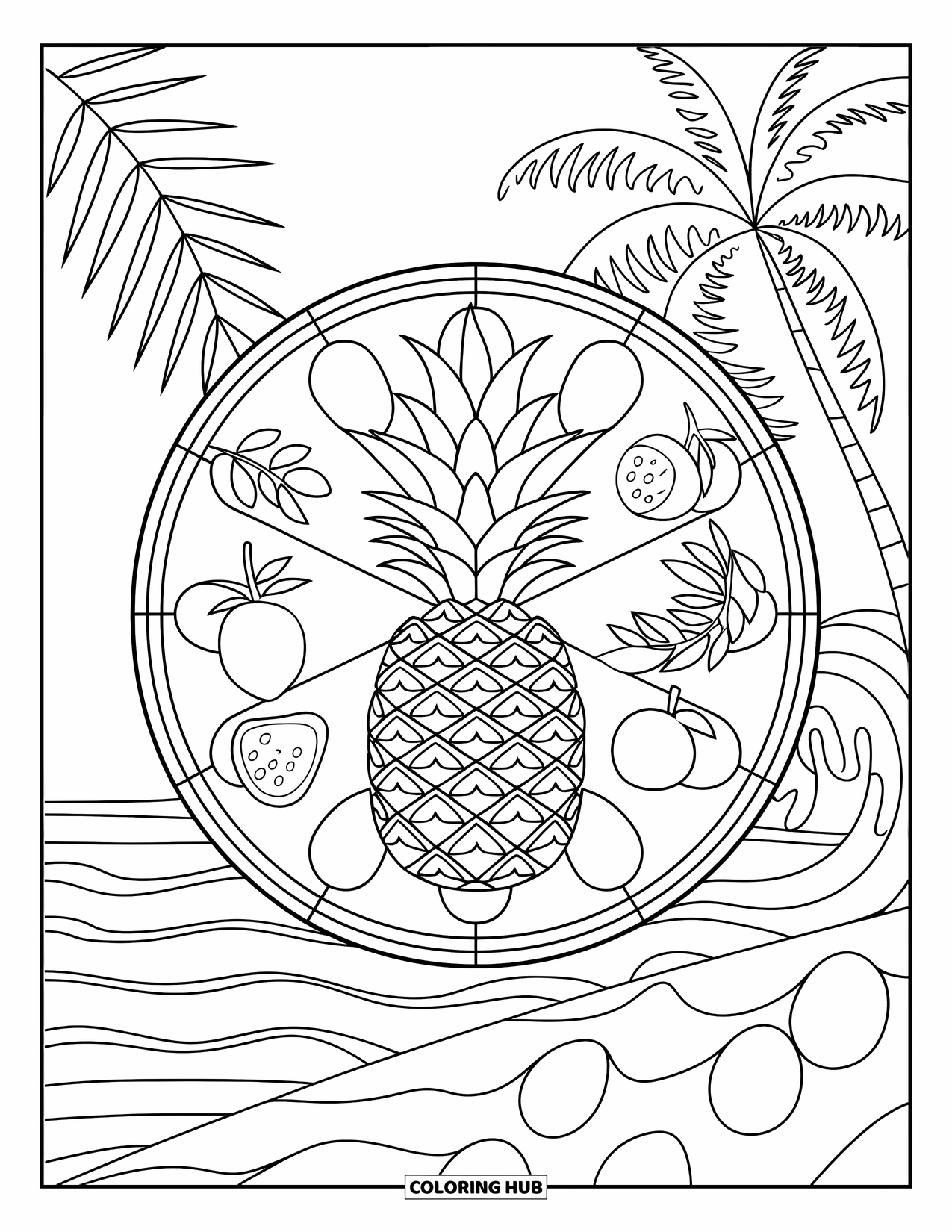 Tropical Coloring Page for Adults: Sliced pineapple framed by fruit-filled stained-glass circle