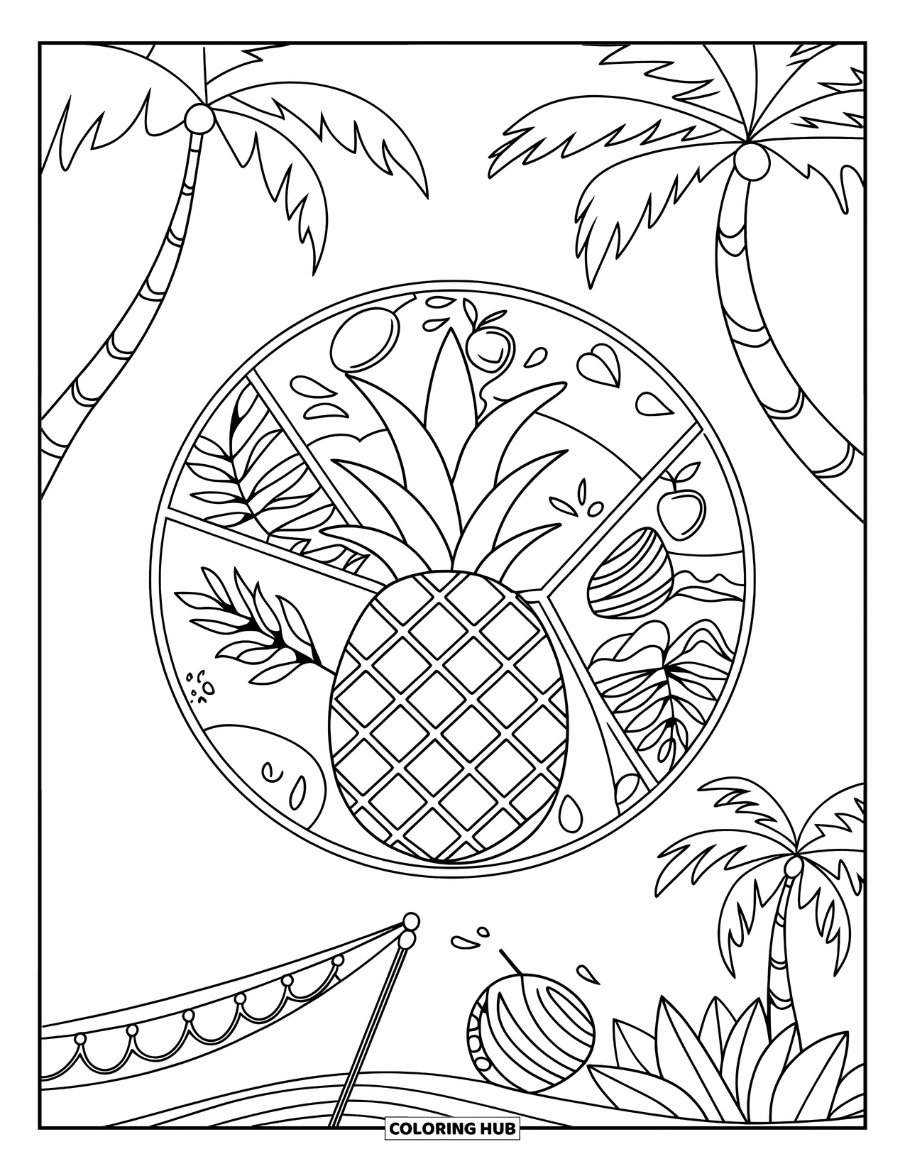 Tropical Coloring Page for Adults: Sliced pineapple in stained-glass circle of fruits and leaves