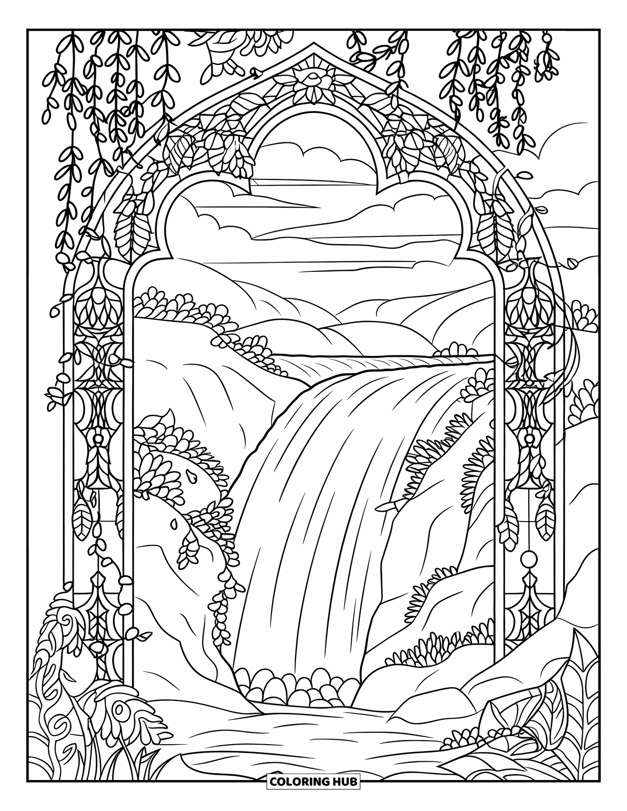 Tropical Coloring Page for Adults: Stained-glass waterfall scene with vines, flowers, and jungle trees