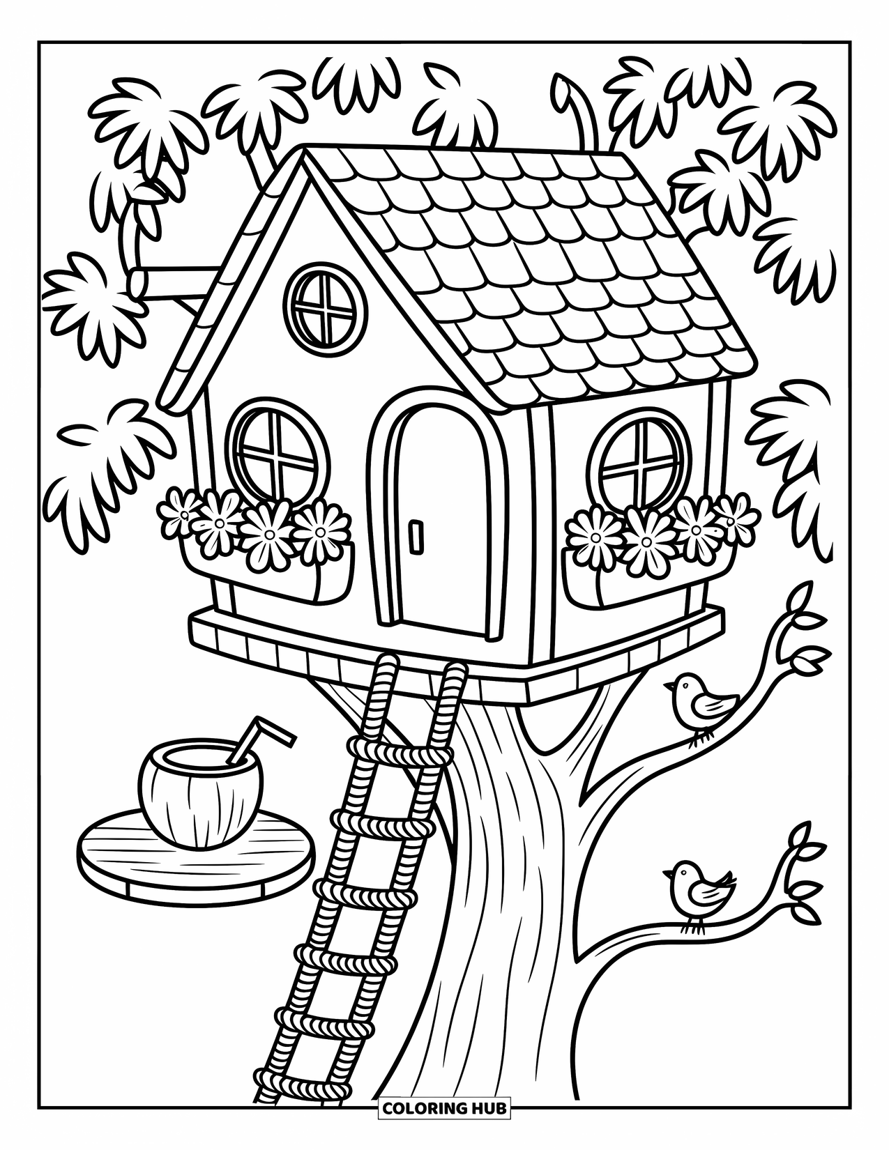 Tropical Coloring Page for Adults: Treehouse in a big tropical tree with birds and a coconut drink