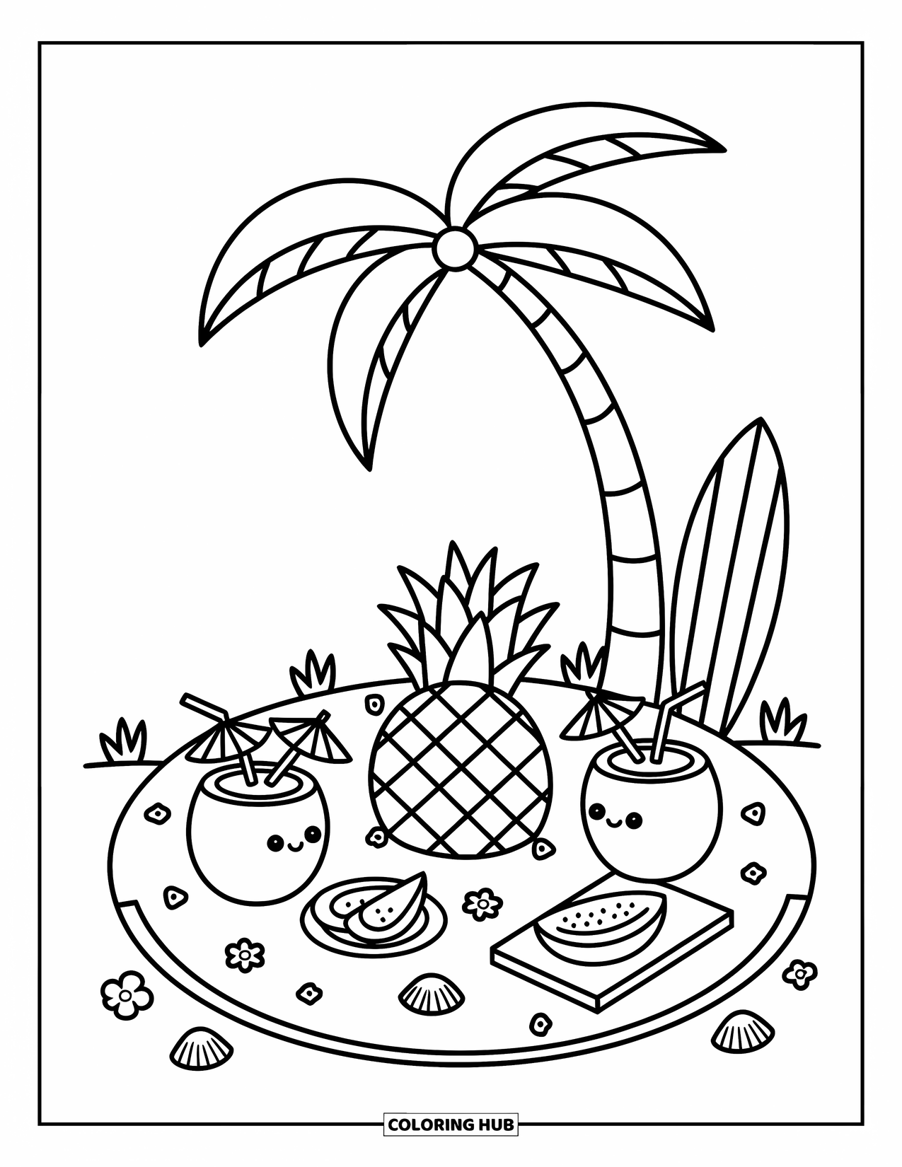 Tropical Coloring Page for Adults: Tropical picnic scene with pineapple bento, drinks, and flowers