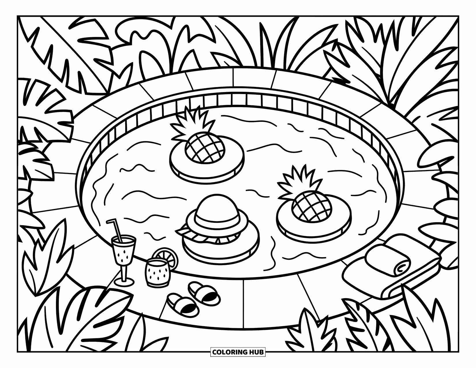 Tropical Coloring Page for Adults: Tropical pool with fruit floaties, slippers, and a rolled-up towel