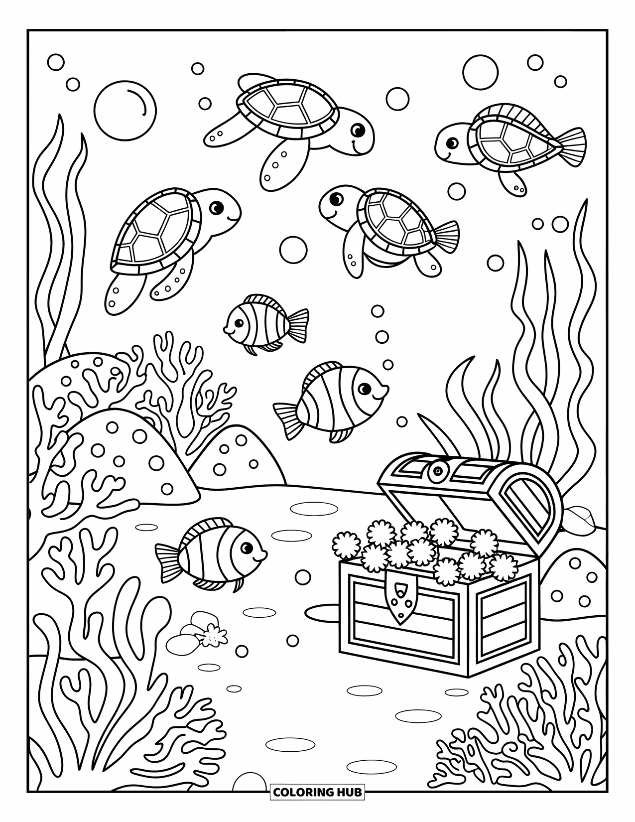 Tropical Coloring Page for Adults: Underwater scene with smiling turtles, fish, and a treasure chest