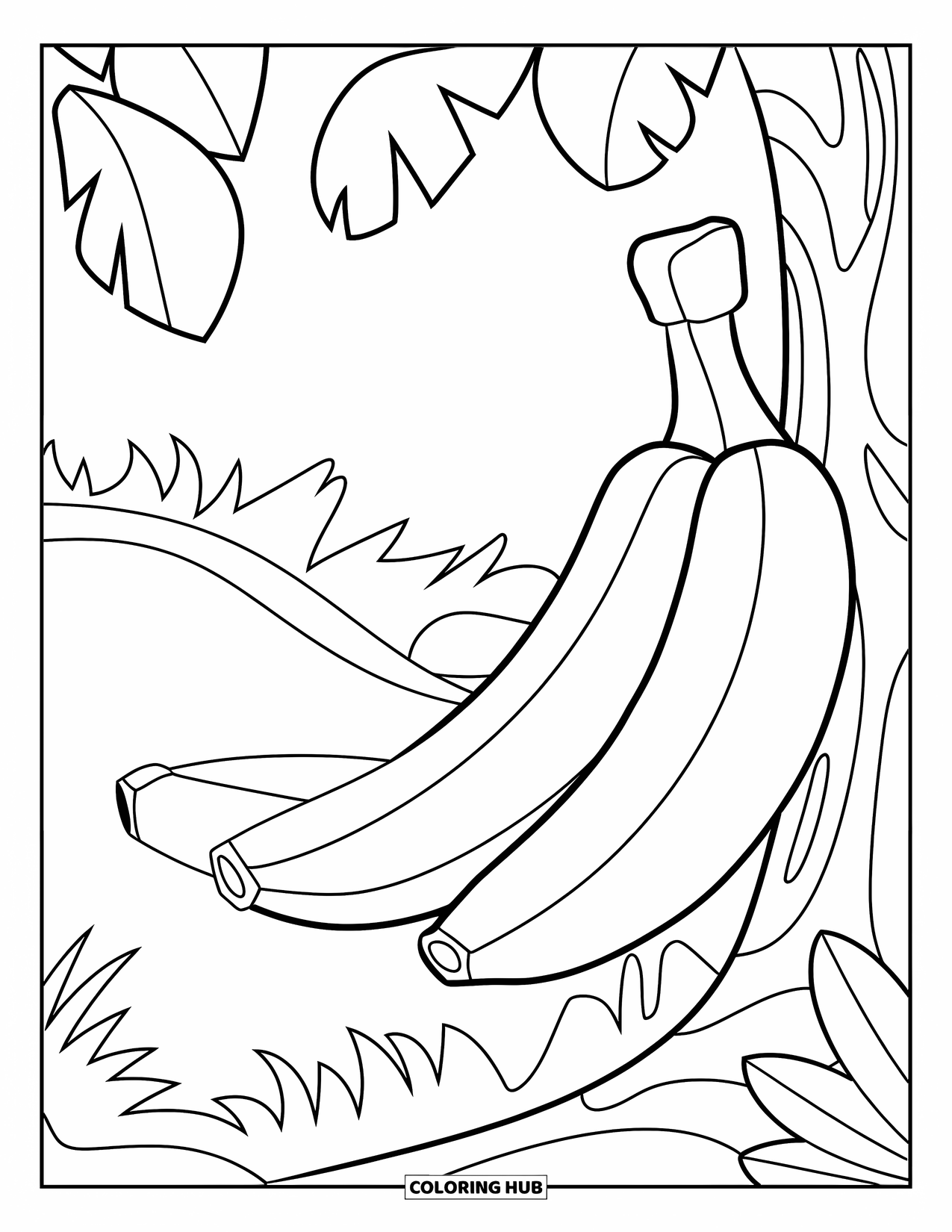 Tropical Coloring Page for Kids: Banana bunch and monkey tail near tropical trees and leaves