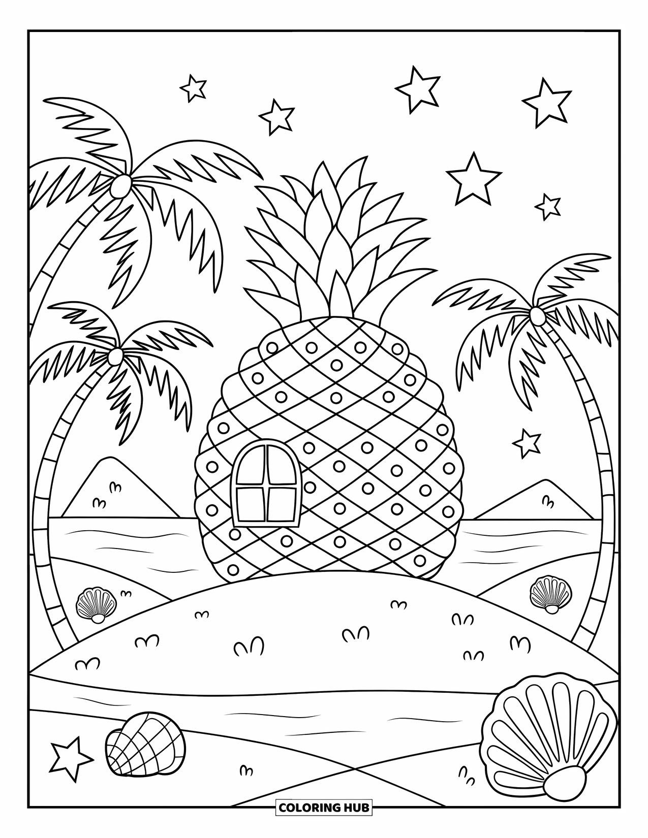 Tropical Coloring Page for Kids: Beachside pineapple house with palm trees, seashells, and a night sky