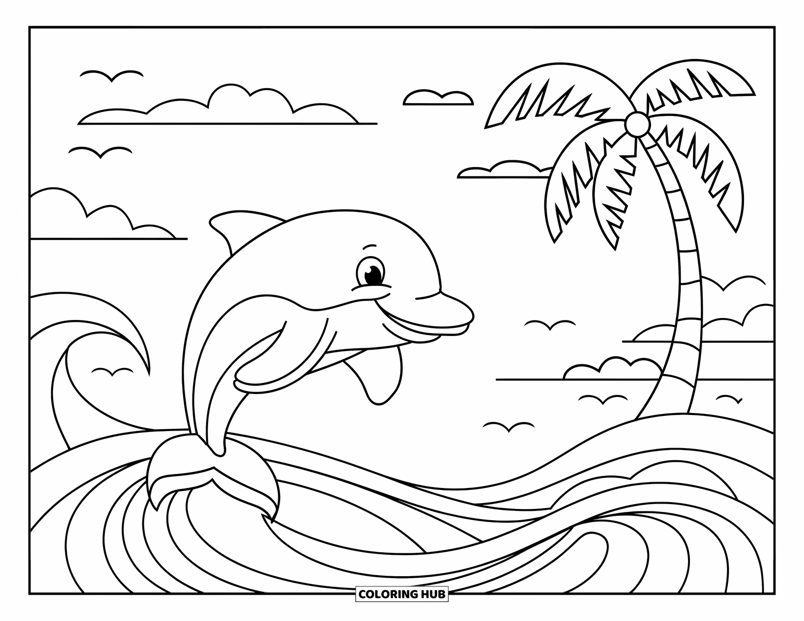 Tropical Coloring Page for Kids: Cheerful dolphin leaps over waves under a sunny sky