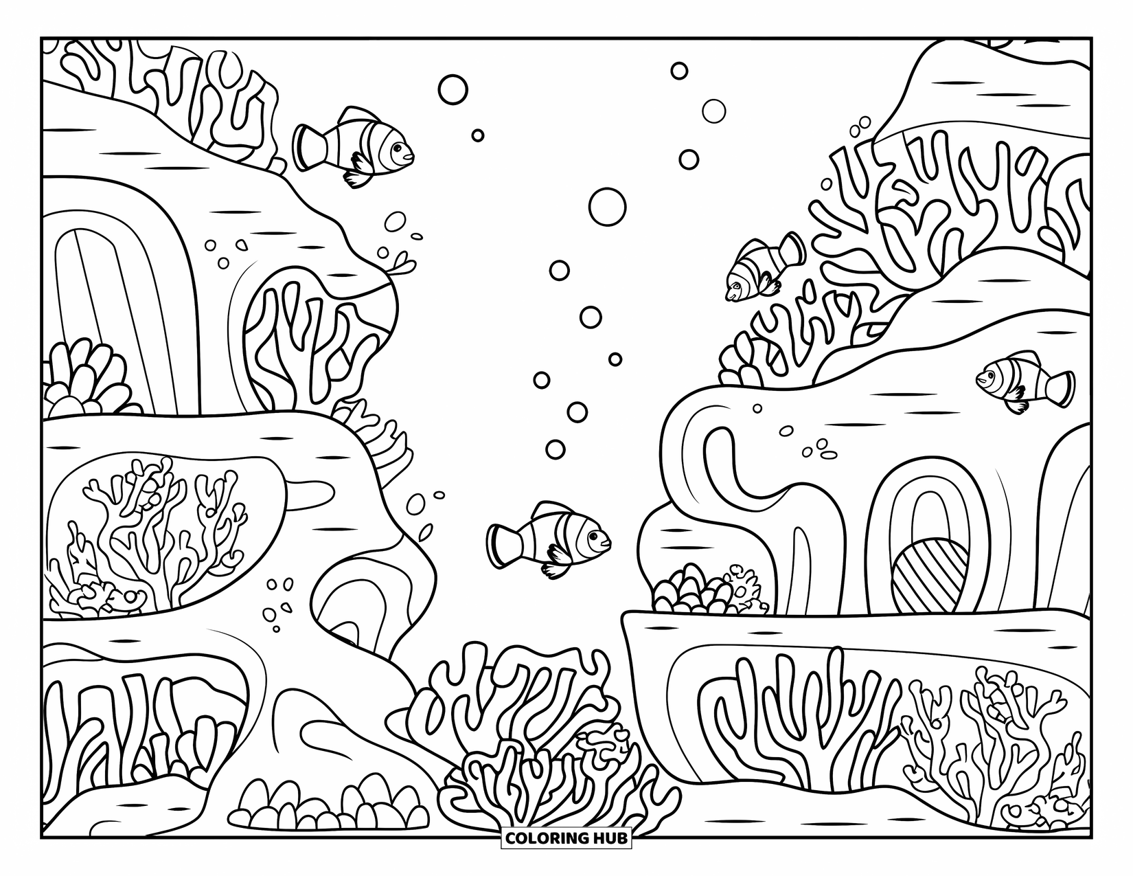 Tropical Coloring Page for Kids: Clownfish swim through coral caves with smaller sea creatures hiding