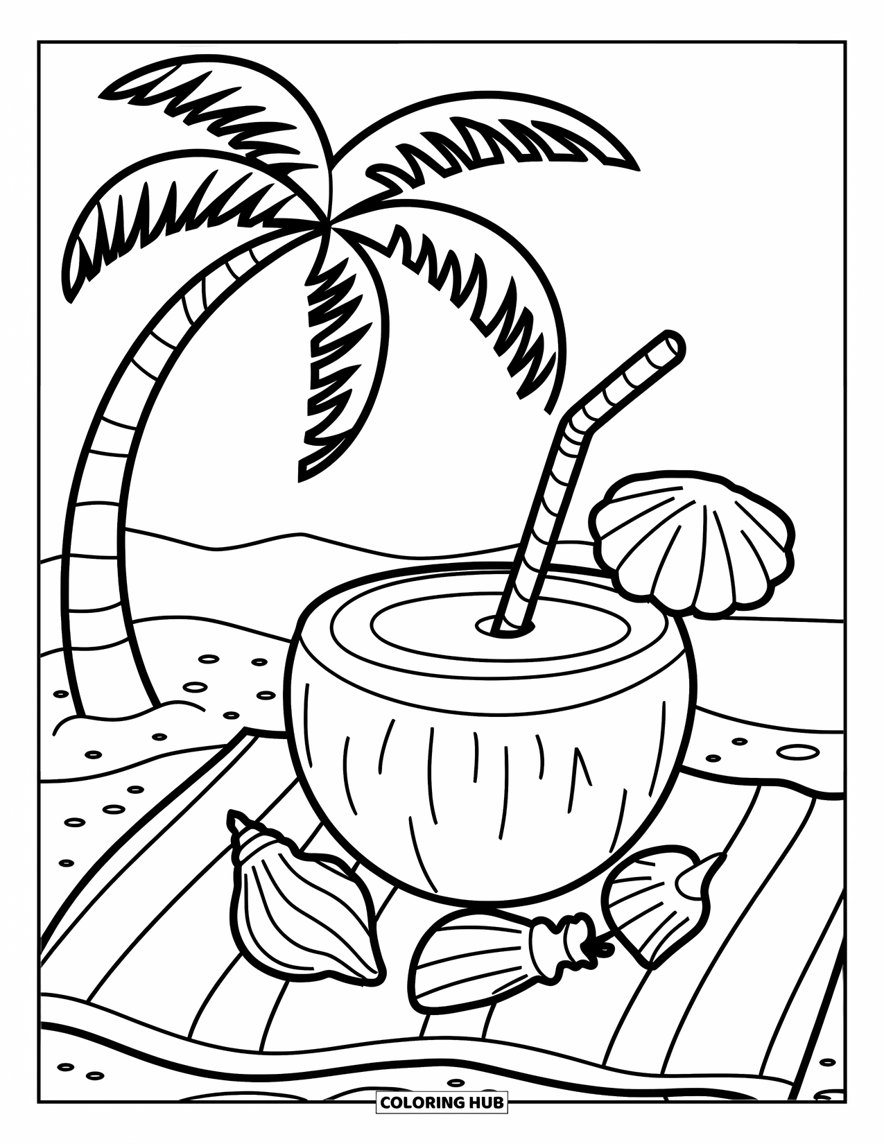 Tropical Coloring Page for Kids: Coconut drink on a beach towel with seashells and palm trees nearby