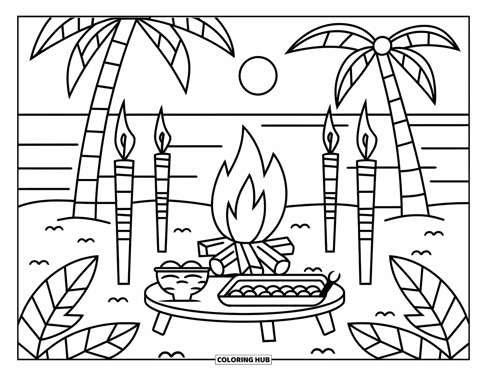 Tropical Coloring Page for Kids: Cozy beach bonfire scene with tiki torches and food at dusk