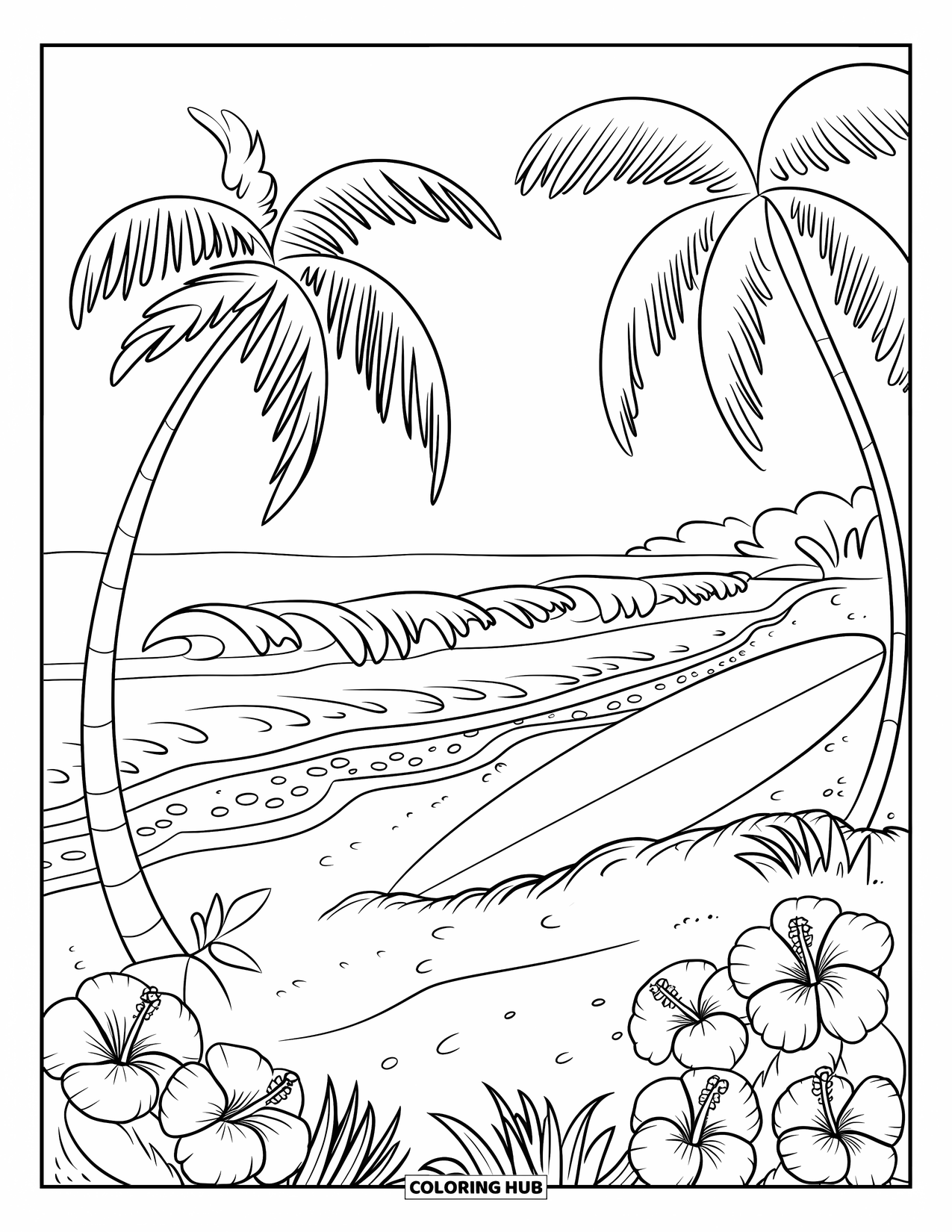 Tropical Coloring Page for Kids: Crashing beach waves with surfboard and vibrant hibiscus flowers