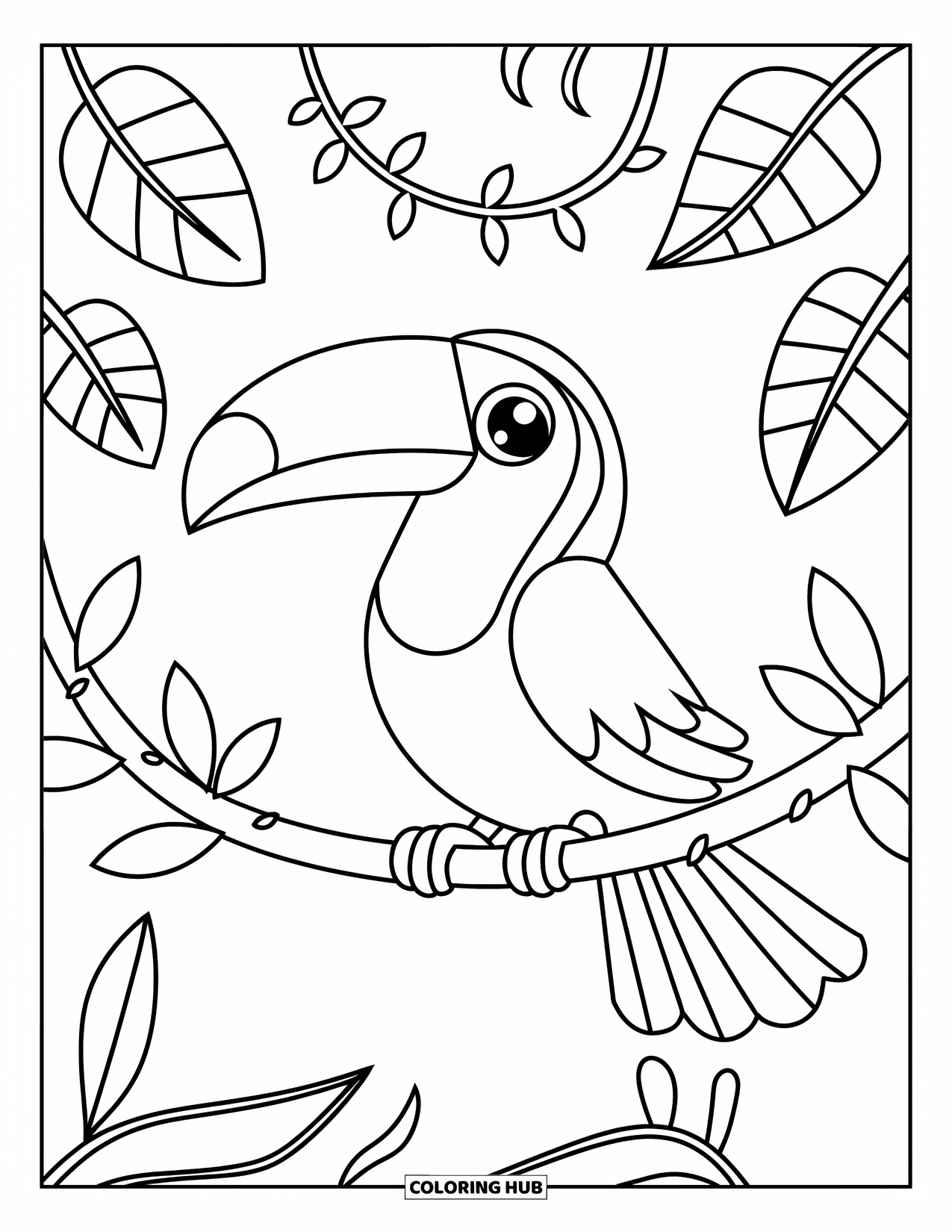 Tropical Coloring Page for Kids: Cute toucan perched on a branch with jungle leaves all around