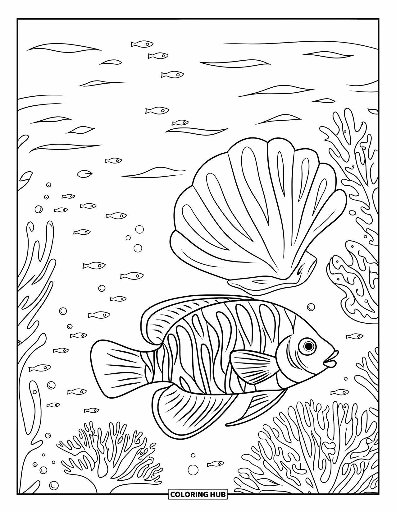 Tropical Coloring Page for Kids: Fish swims near coral and a seashell in a calm ocean