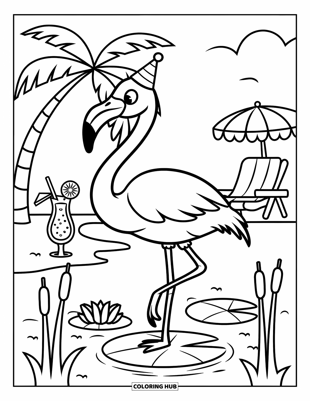 Tropical Coloring Page for Kids: Flamingo in a party hat by a beach chair, drink, and palm tree