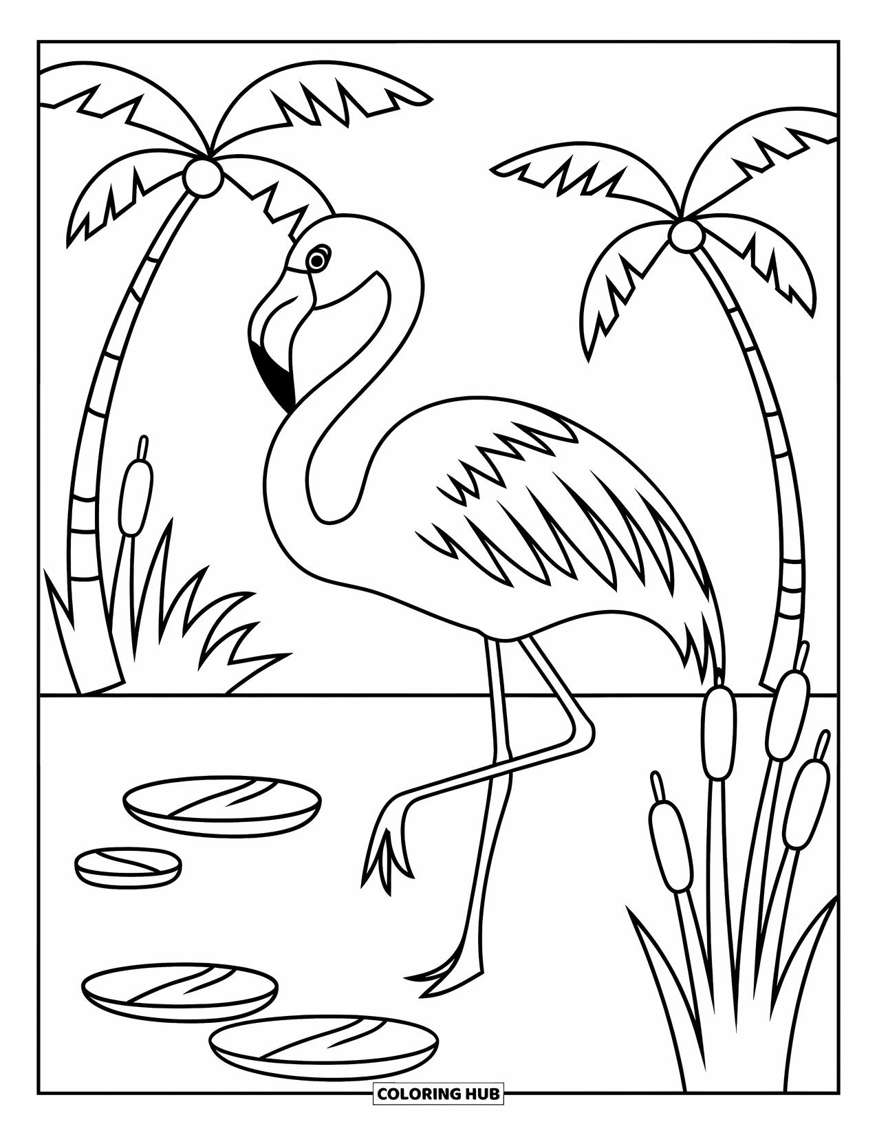 Tropical Coloring Page for Kids: Flamingo standing on one leg near lily pads and cattails