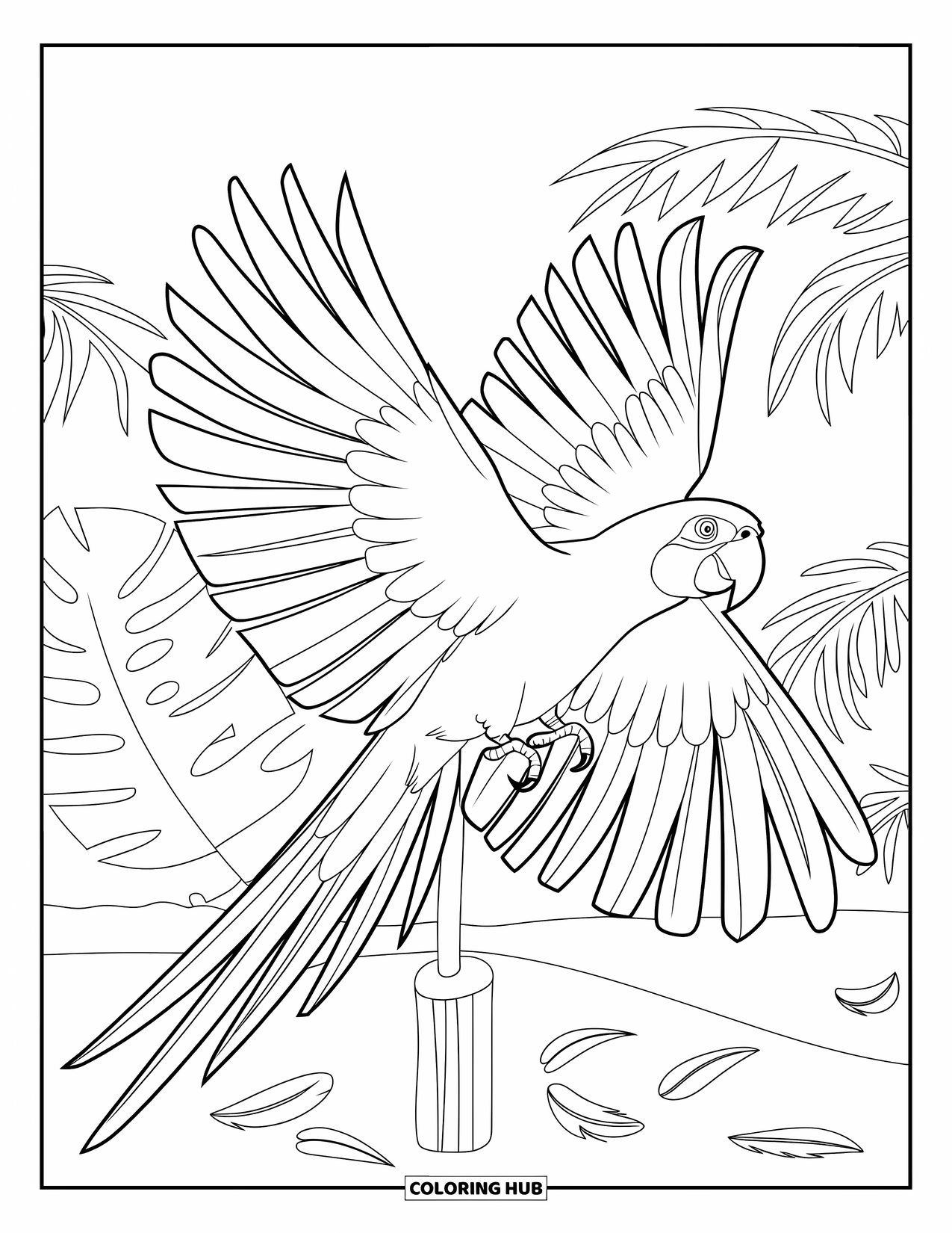 Tropical Coloring Page for Kids: Flying parrot above sandy ground with palm trees and wooden post
