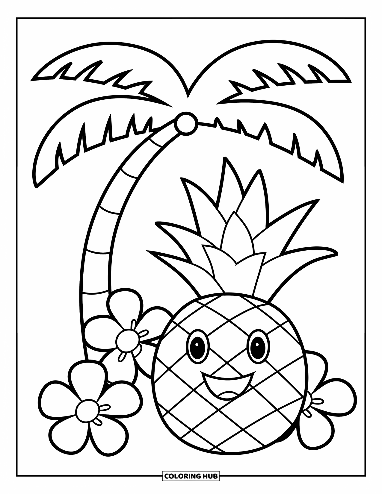 Tropical Coloring Page for Kids: Grinning pineapple rests near flowers under a tropical palm tree