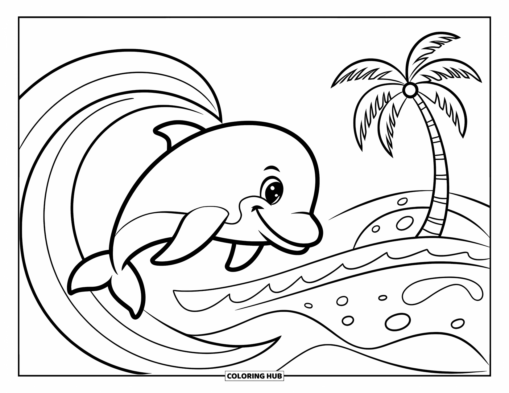 Tropical Coloring Page for Kids: Happy dolphin jumping over a wave with a palm tree in the distance
