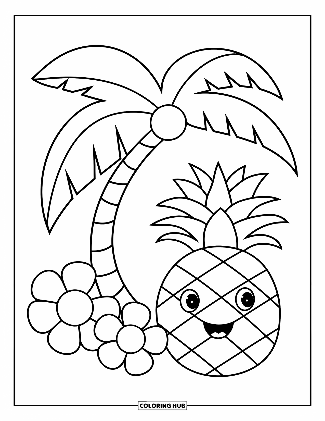 Tropical Coloring Page for Kids: Happy pineapple stands under a palm tree with three flowers beside it